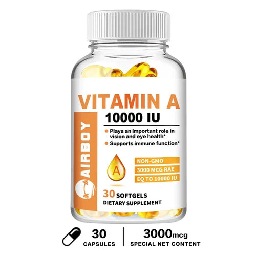 Vitamine A 10 000 UI dietary supplement bottle with non-GMO, gluten-free, and dairy-free labels.