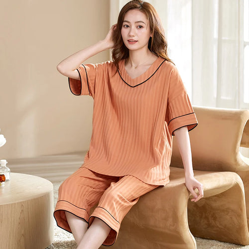 Animal Panda Women Pajamas Sets Summer Knit Cotton Sleepwear Short Sleeve Cropped Trousers Pyjamas Female Home Suit M-5XL SUN N.