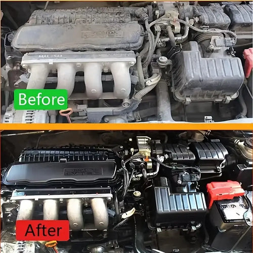 Comparative image showing 'Before' and 'After' results of using Nettoyeur de Compartiment Moteur for a clean engine bay.