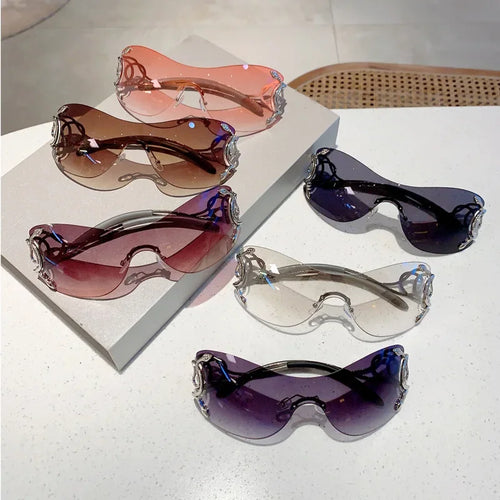 Lunettes de soleil de jambe de miroir en forme de salle pour femmes, lunettes technologiques punk, nuances de chimround autour, sans monture, nickel é, Y2k SUN N.