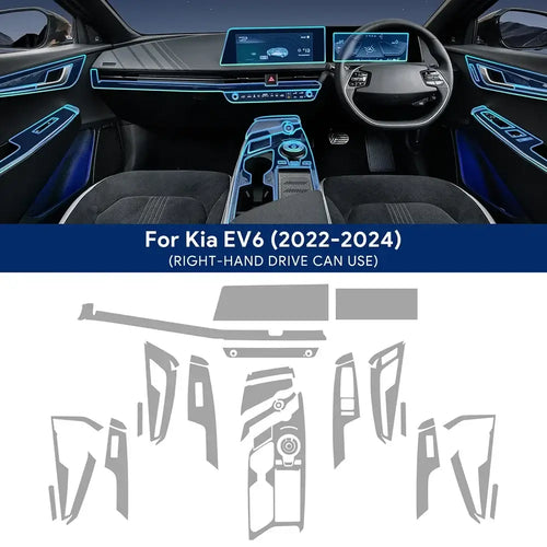 Film de Protection TPU Transparent installation in KIA EV6, showing customized fit for the interior for 2022-2024 models.
