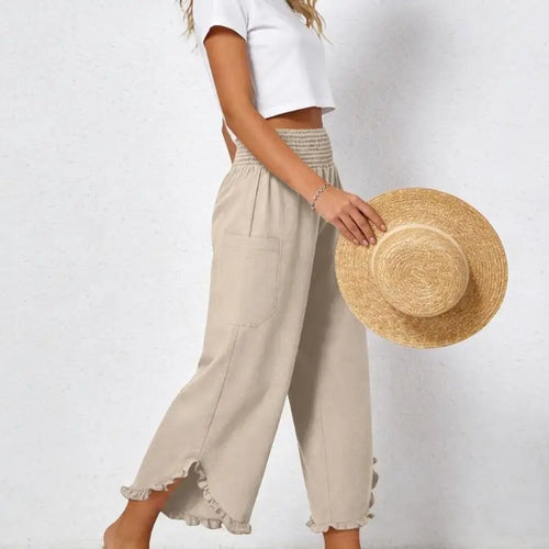 Pantalon Lin Femme   Lino para Mujer recadrée Pantalon en lin femmes été décontracté smocké taille élastique Pantalon à volants avec SUN N.