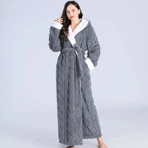 Loose Long Thick Bath Robe Hooded Winter Thick Women Bathrobe Flannel Terry Warm Comfortable Sleepwear for Female Dressing Gown SUN N.