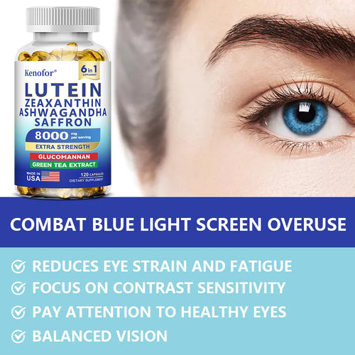 Supplément Lutéine & Zéaxanthine en capsules, enrichi en glucomannane et Ashwagandha pour la santé des yeux.