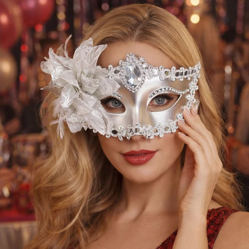Masque de mascarade fleurs & strass porté par une femme avec des décorations florales et strass, parfait pour une soirée.