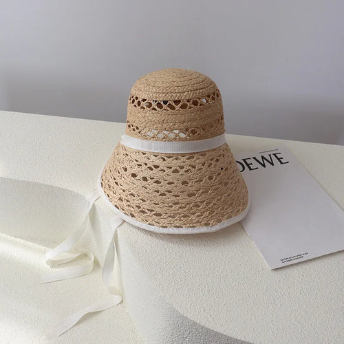 Chapeau de soleil en raphia véritable style français pour femme, à lacets, à large bord, ouverture arrière, respirant, pour l'extérieur et la plage, casquette SUN N.