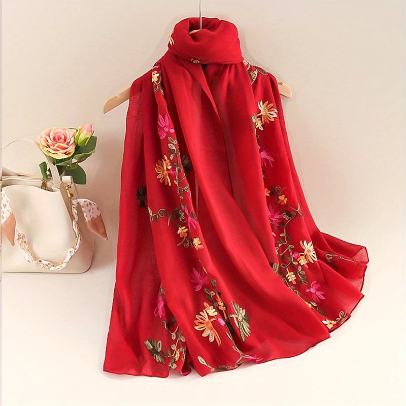Écharpe Longue Femme Coton Lin - Foulard Dégradé Brodé Élégant Été SUN N.