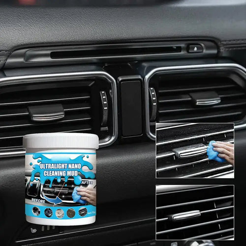 Avant et après l’utilisation du Gel Nettoyant Nano Universe sur les grilles d’aération de voiture, démontrant une élimination efficace de la poussière.