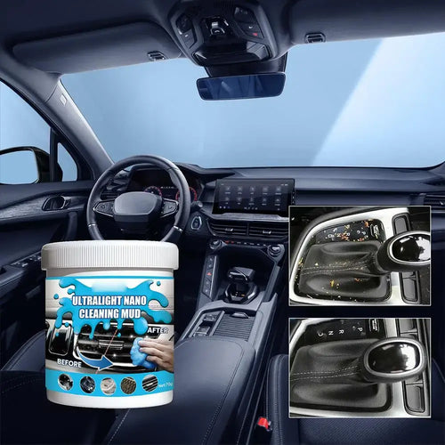 Avant et après l’utilisation du Gel Nettoyant Nano Universe sur les grilles d’aération de voiture, démontrant une élimination efficace de la poussière.