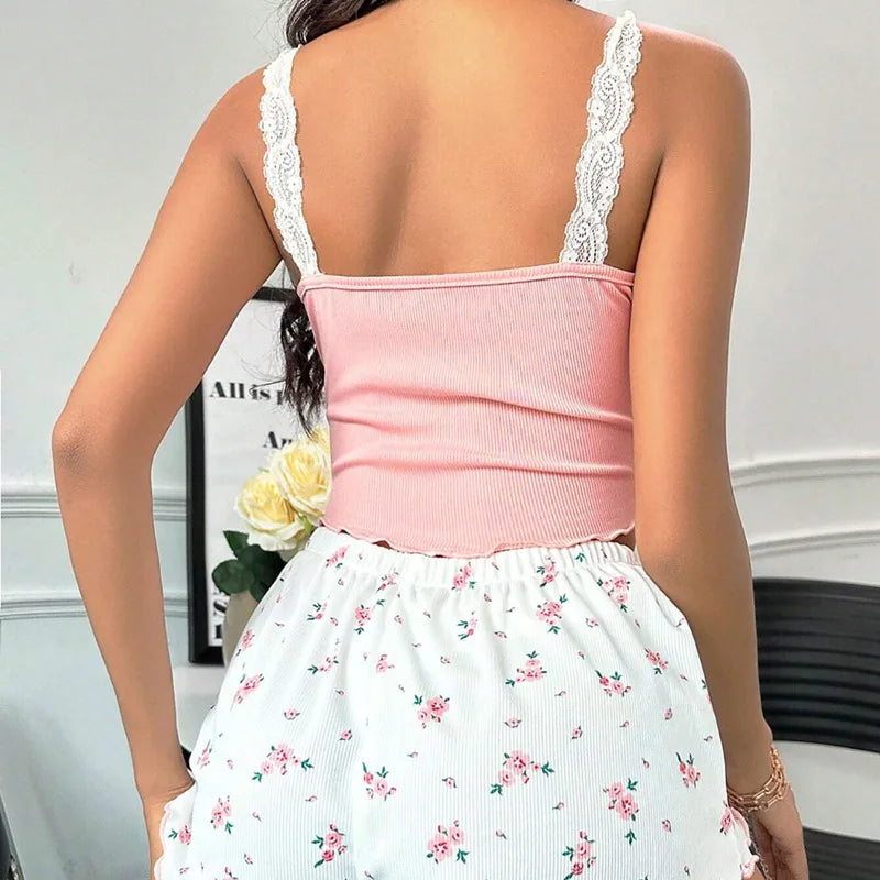 Women Pajama Set Lace Patchwork V-Neck Sleepwear Sexy Female Nighties Suit Cami Top Printed Shorts Soft Pyjamas Loungewear 2psc SUN N.
