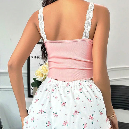 Women Pajama Set Lace Patchwork V-Neck Sleepwear Sexy Female Nighties Suit Cami Top Printed Shorts Soft Pyjamas Loungewear 2psc SUN N.