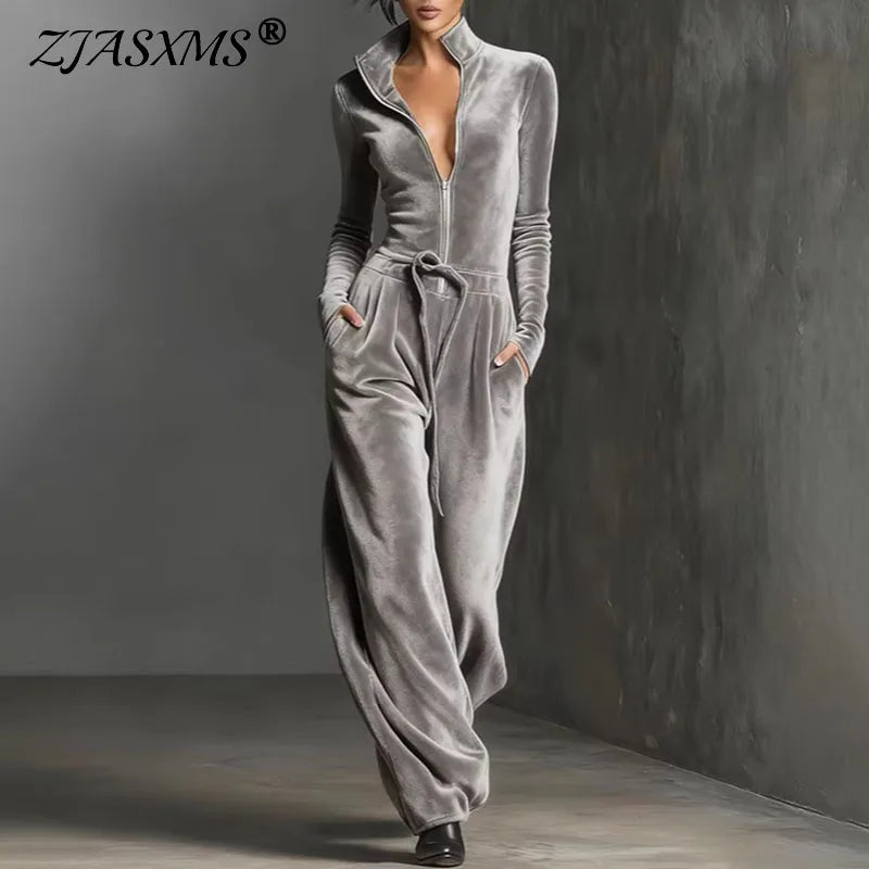 Combinaison velours femme – Col montant, demi-zip & taille à cordon SUN N.