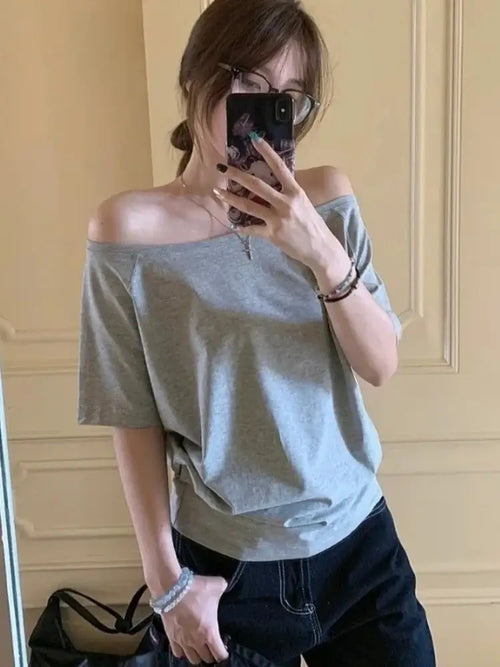 Top épaules dénudées femme T-shirts Femme Design Original Épaules Dénudées Manches Courtes Uni Chic Décontracté Quotidien Simple Sexy Tendance Coréenne Hauts d'Été SUN N.