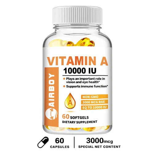 Vitamine A 10 000 UI dietary supplement bottle with non-GMO, gluten-free, and dairy-free labels.