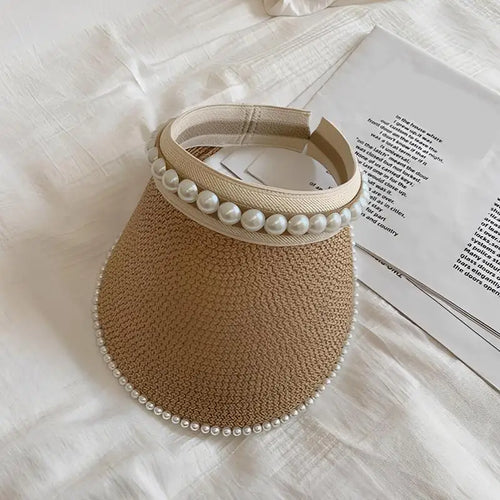 Chapeau de Soleil Raphia à large bord décoré de perles pour femmes, idéal pour l'été et la protection solaire.