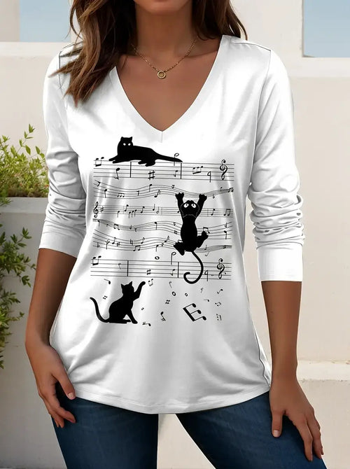 T-shirt femme graphique festival avec motifs de musique, col en V et manches longues, style décontracté et élégant.