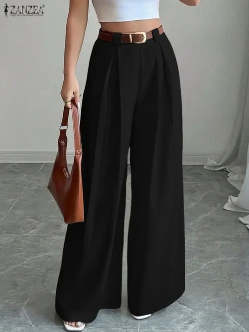 Pantalon Palazzo Femme 2025 ZANZEA mode femmes Pantalon automne taille haute bureau travail Pantalon élégant jambe large Pantalon solide plissé Palazzo Streetwear SUN N.
