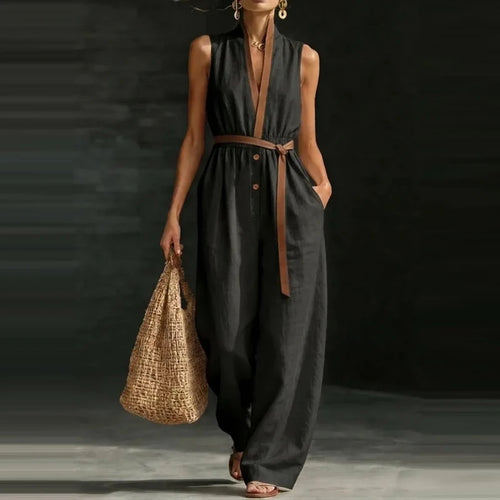Combinaison longue femme – Col V, coupe ample, poches & taille élastique SUN N.