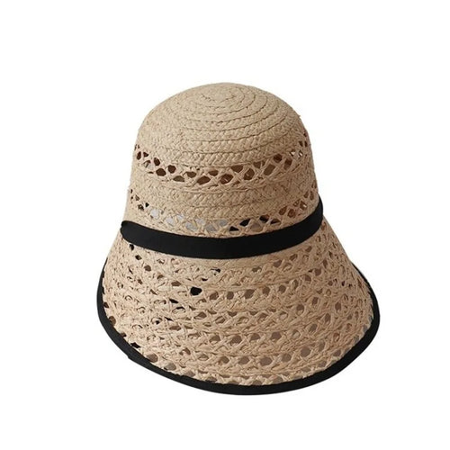 Chapeau de soleil en raphia véritable style français pour femme, à lacets, à large bord, ouverture arrière, respirant, pour l'extérieur et la plage, casquette SUN N.
