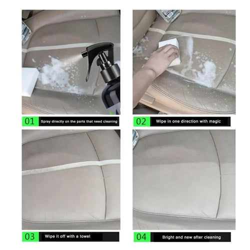 HGKJ S21 Nettoyant Intérieur Voiture Multi Surface en action sur un siège de voiture taché.