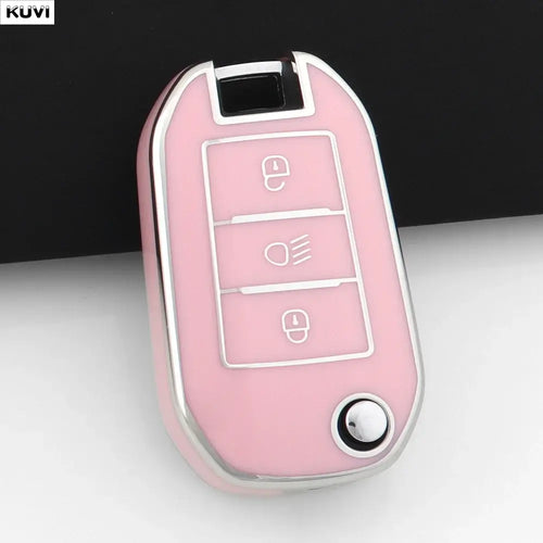 Coque Clé TPU Peugeot pour clé de voiture pliable avec design élégant en rose, offrant protection et style.