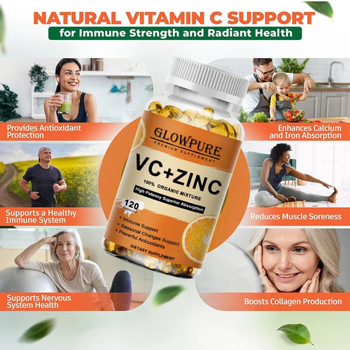 Complément Vitamine C & Zinc - Flacon de supplément avec un homme souriant au milieu des oranges.