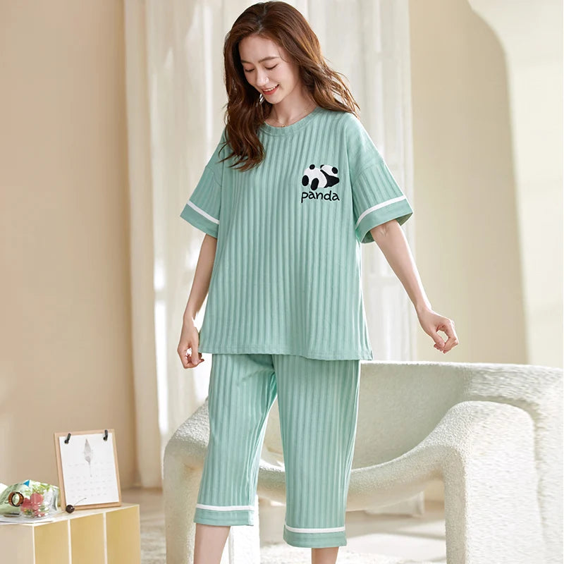 Animal Panda Women Pajamas Sets Summer Knit Cotton Sleepwear Short Sleeve Cropped Trousers Pyjamas Female Home Suit M-5XL SUN N.