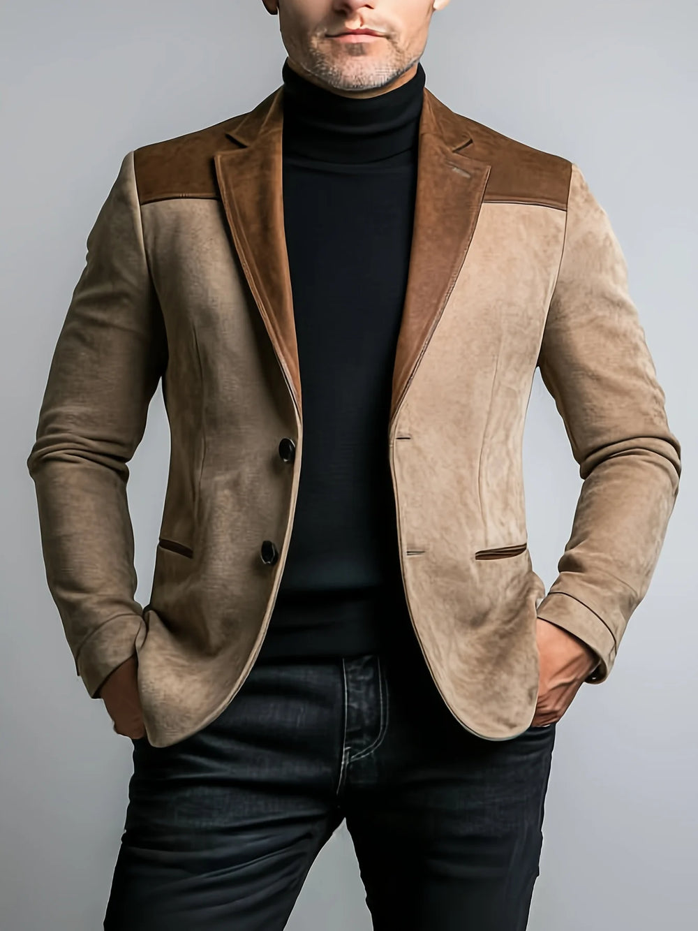 Veste Velours' homme' marron, blaser en velours pour homme, design patchwork élégant, mode urbaine, style moderne.
