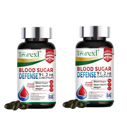 Capsules Soutien de la Glycémie - Métabolisme du Sucre, Trorexil Blood Sugar Defense bottles with capsules.