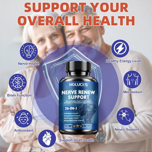 Capsules Nerve Renew, Aiguilles, Coupures, Brûlures cutanées, Sommeil profond. Complexe de vitamines B, acide alpha-lipoïque R, mélange neurobotanique SUN N.