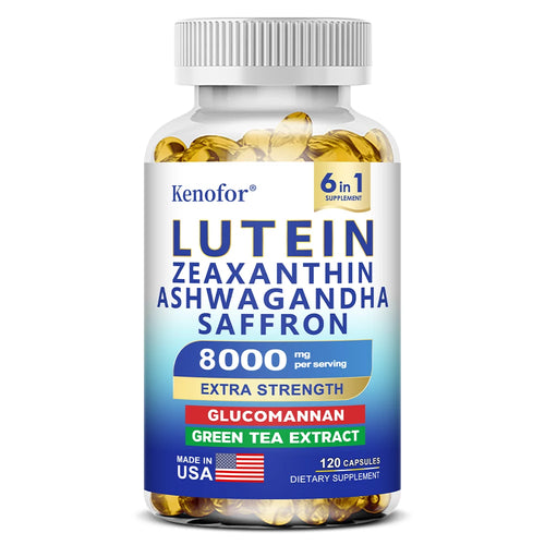 Supplément Lutéine & Zéaxanthine en capsules, enrichi en glucomannane et Ashwagandha pour la santé des yeux.