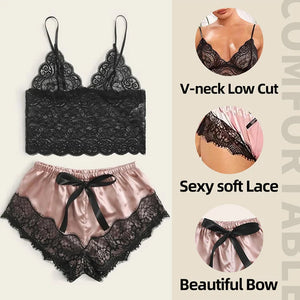 Lace Pajama Set Women 2 Piece Sexy Bralette and Shorts Plus Size