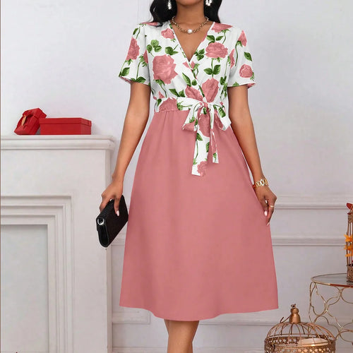 Robe Midi Florale Col en V – Taille Nouée, Patchwork Rose, Coupe Trapèze SUN N.