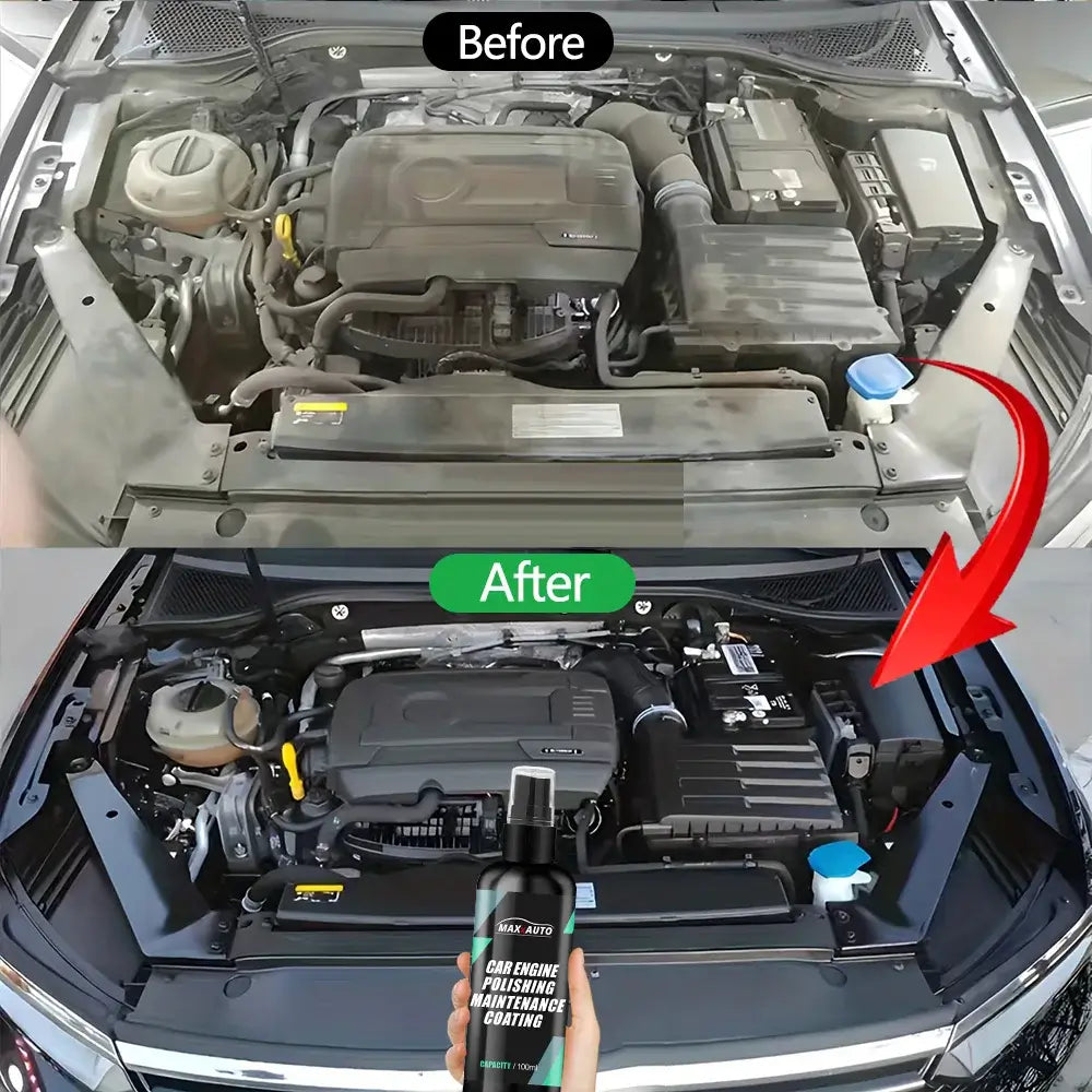 Comparative image showing 'Before' and 'After' results of using Nettoyeur de Compartiment Moteur for a clean engine bay.