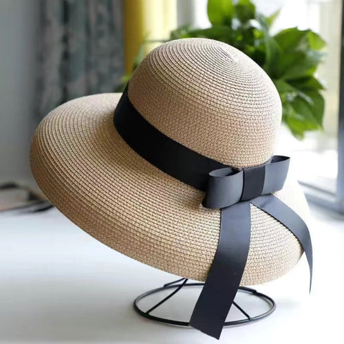 Chapeau de paille rond rétro pour l'extérieur, chapeaux de soleil pour dames, voyage, vacances, visière, Vintage, chapeau de plage pour femmes, noir et blanc, été SUN N.