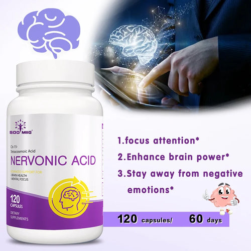 Complément cérébral à l'acide nervonique – Améliore la concentration et la clarté de la mémoire, soutient l'équilibre de l'humeur, la santé du cerveau et le stress, 120 capsulesc SUN N.