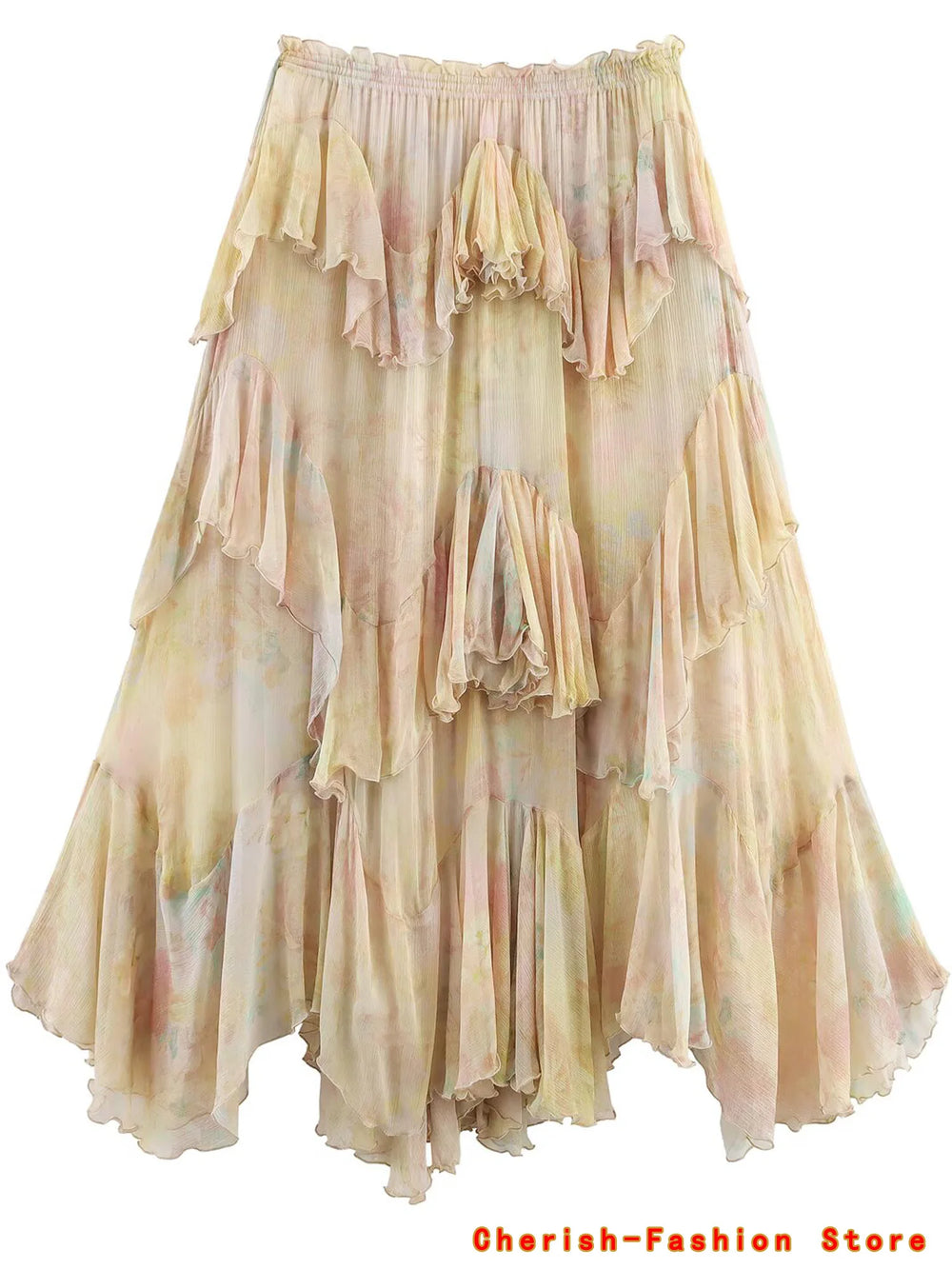 Jupe trapèze dentelle florale avec volants, design romantique, longueur mi-longue, en polyester fluide.