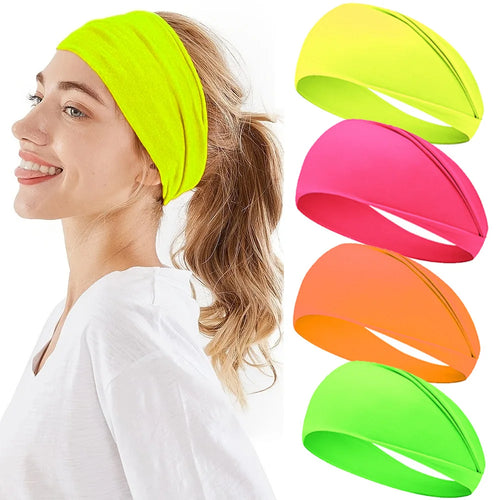 Bandeau de Sport Femme – Large, Fluorescent et Anti-Transpiration, disponible en jaune, rose, orange et vert.