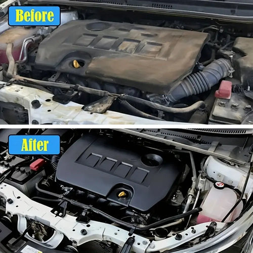 Comparative image showing 'Before' and 'After' results of using Nettoyeur de Compartiment Moteur for a clean engine bay.