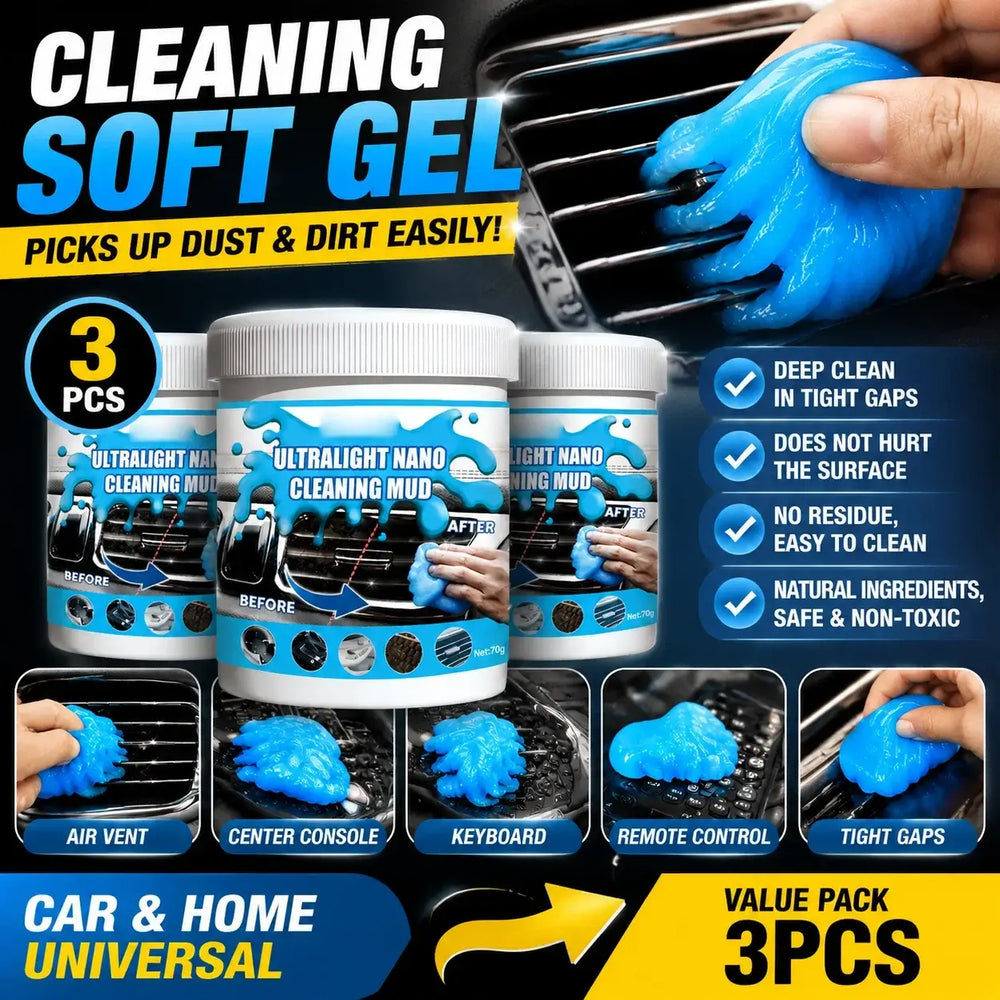Avant et après l’utilisation du Gel Nettoyant Nano Universe sur les grilles d’aération de voiture, démontrant une élimination efficace de la poussière.