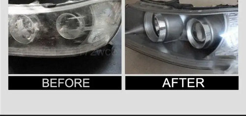 Comparative image of headlight restoration using Kit Restauration & Polissage Phares – Pâte Rénovatrice showing before and after results.