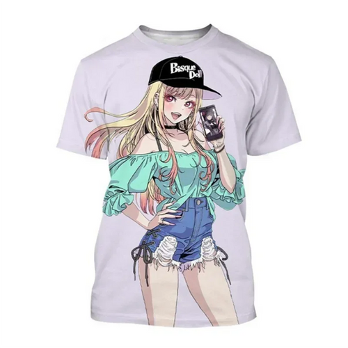 T-shirt anime graphique 3D featuring a cheerful character making peace signs with vibrant colors.