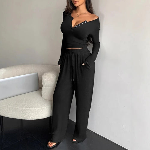 Women Pajama Set Long Sleeve Crop Top and Pants Sleepwear