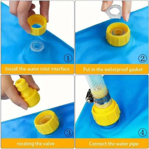 Steps to set up the Tapis d’Arrosage Gonflable 100 cm, including water inlet installation and valve rotation.