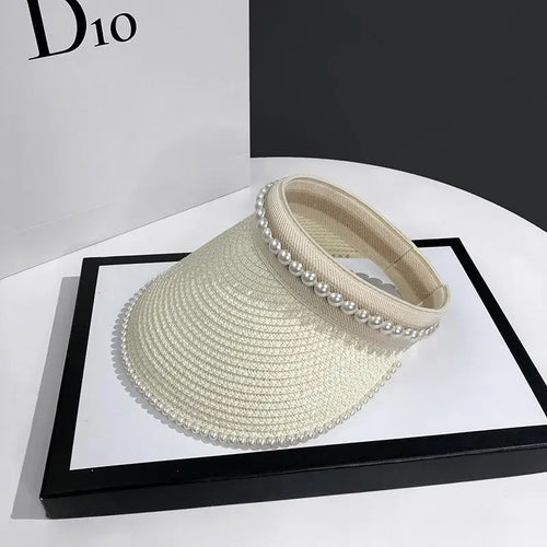 Chapeau de Soleil Raphia à large bord décoré de perles pour femmes, idéal pour l'été et la protection solaire.