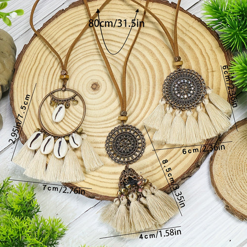 Ensemble de 3 colliers pendentifs de mode féminine de style ethnique avec pendentif à pompon floral, en alliage de zinc émaillé bronze avec incrustation de strass en verre, collier vintage SUN N.
