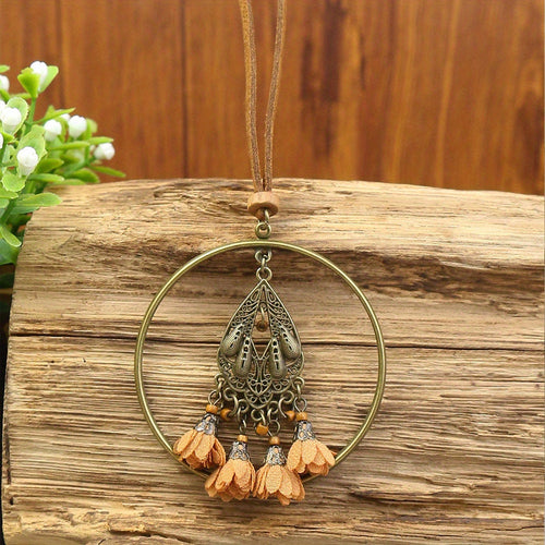 Ensemble de 3 colliers pendentifs de mode féminine de style ethnique avec pendentif à pompon floral, en alliage de zinc émaillé bronze avec incrustation de strass en verre, collier vintage SUN N.