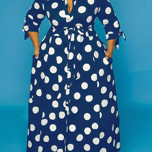 plus size polka dot maxi dress with belt button collar elegant