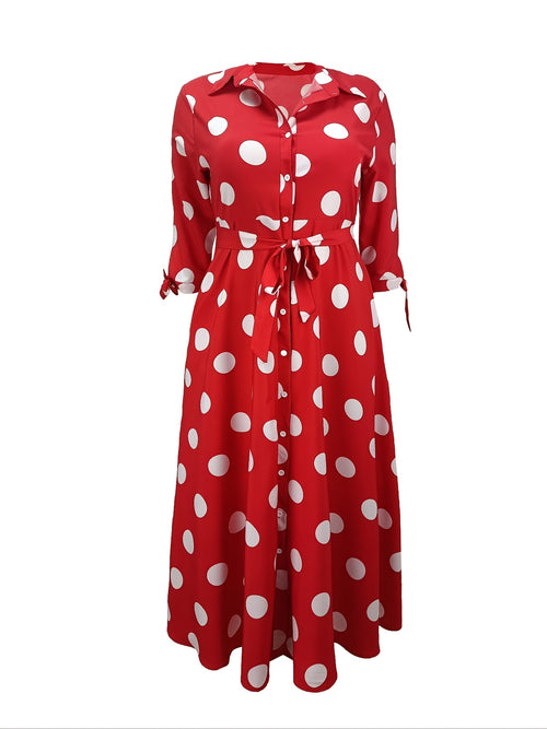 plus size polka dot maxi dress with belt button collar elegant