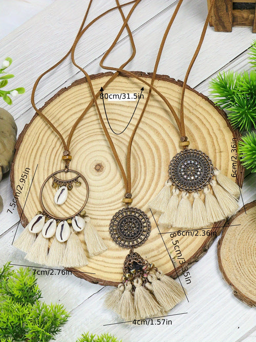 Ensemble de 3 colliers pendentifs de mode féminine de style ethnique avec pendentif à pompon floral, en alliage de zinc émaillé bronze avec incrustation de strass en verre, collier vintage SUN N.
